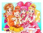  4girls animal_ears arisugawa_himari blonde_hair blue_eyes blush bow brooch brown_eyes brown_hair choker commentary_request cure_bloom cure_custard cure_flora cure_melody dress earrings extra_ears eyelashes flower food-themed_hair_ornament frills futari_wa_precure_splash_star gloves go!_princess_precure hair_flower hair_ornament hair_ribbon half_updo happy haruno_haruka heart heart_brooch heart_earrings hoppetoonaka3 houjou_hibiki hyuuga_saki jewelry kirakira_precure_a_la_mode long_hair magical_girl multicolored_hair multiple_girls neck_bobbles open_mouth orange_hair orange_tail pink_bow pink_choker ponytail precure pudding_hair_ornament ribbon shorts shorts_under_skirt simple_background smile squirrel_ears squirrel_tail suite_precure tail teeth thick_eyebrows thighhighs twintails upper_teeth_only white_gloves 