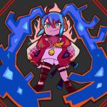  1girl absurdly_long_hair absurdres blue_eyes blue_hair chibi fire_miku_(project_voltage) full_body furrowed_brow gloves hands_on_own_hips harurukan hatsune_miku headphones highres hood hoodie long_hair looking_at_viewer multicolored_hair musical_note_necklace poke_ball_print pokemon project_voltage red_hair smirk solo twintails twitter_username very_long_hair vocaloid white_gloves 