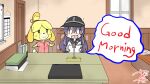  0_0 2girls akatsuki_(kancolle) anchor_symbol animal_crossing black_hair black_headwear blush_stickers book calendar_(object) commentary computer dog_girl flat_cap furry furry_female hat holding holding_paper ichininmae_no_lady indoors isabelle_(animal_crossing) kantai_collection laptop microphone multiple_girls neckerchief nervous nervous_sweating nyonyonba_tarou open_mouth paper phone pink_shirt red_neckerchief sailor_collar shaded_face shirt signature snot snot_trail speech_bubble sweat sweatdrop trembling white_shirt whiteboard window 