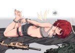  1girl arknights ass bare_arms bare_legs bare_shoulders barefoot bdsm black_shorts bondage bound commentary_request crop_top cuffs exusiai_(arknights) eyewear_removed glasses gun halo handcuffs hogtie kataokasan lying midriff on_stomach orange_eyes red_hair rifle sex_toy short_hair short_shorts shorts solo spoken_squiggle sports_bra squiggle thigh_strap thighs vibrator weapon white_background 
