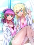  2girls angel_beats! arm_support black_hairband blonde_hair blue_eyes blunt_bangs bra breasts chinese_commentary cleavage coat collarbone commentary_request company_connection cosplay crossover day doukyuusei earrings eyelashes eyes_visible_through_hair feet_out_of_frame garter_straps green_eyes green_ribbon green_skirt hair_between_eyes hair_ribbon hairband heads_together hoop_earrings index_finger_raised indoors jewelry key_(company) knees_together_feet_apart knees_up lab_coat large_breasts legs light_particles little_busters! lliissaawwuu2 long_hair looking_at_viewer medium_hair miniskirt multiple_girls nail_polish nakamura_yuri open_clothes open_coat open_mouth parted_lips partial_commentary pink_shirt red_bra red_nails ribbon saitou_mako saitou_mako_(cosplay) shiny_clothes shirt sidelocks sitting skirt smile thighhighs thighs tokido_saya two_side_up underwear very_long_hair white_coat white_ribbon white_thighhighs window zettai_ryouiki 