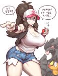  +++ 1girl absurdres alternate_body_size alternate_breast_size arm_up artist_name bare_shoulders baseball_cap black_vest black_wristband blue_eyes breasts brown_hair cleavage collarbone curvy denim denim_shorts domaguri evil_grin evil_smile exposed_pocket fingernails grin hand_up hat highres hilda_(pokemon) holding holding_poke_ball impossible_hair korean_text leaning_forward long_hair looking_at_viewer no_humans open_clothes open_vest outstretched_arm pointing poke_ball poke_ball_(basic) pokemon pokemon_(creature) pokemon_(game) pokemon_bw shorts smile solo_focus tepig tongue tongue_out translation_request twitter_username v-shaped_eyebrows very_long_hair vest wristband zekrom 