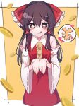  +_+ 1girl :q armpit_crease ascot bare_shoulders blurry blush border bow breasts brown_eyes brown_hair coin commentary_request cowboy_shot depth_of_field detached_sleeves falling_money frilled_bow frills hair_between_eyes hair_bow hair_tubes hakurei_reimu highres long_hair long_sleeves looking_at_viewer orange_background outline palms red_bow red_skirt red_vest ribbon-trimmed_sleeves ribbon_trim rwft3bpgzzqk634 sidelocks simple_background skirt skirt_set small_breasts solo sparkle standing straight-on tongue tongue_out touhou very_long_hair vest white_border white_outline wide_sleeves wing_collar yellow_ascot yellow_background 