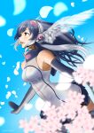  1girl aburaeoyaji african_penguin_(kemono_friends) bare_shoulders bird_wings black_eyes black_hair blue_sky elbow_gloves flower gloves grey_hair highres kemono_friends kemono_friends_v_project kneehighs long_hair microphone penguin_girl skirt sky sleeveless socks solo virtual_youtuber wings zipper 