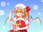 1girl 3d_glasses ascot blonde_hair blue_background commentary crystal dotted_background english_commentary fang flandre_scarlet food gradient_background hat hat_ribbon highres holding holding_food lalo_owo looking_at_viewer mob_cap open_mouth popcorn raised_eyebrow red_eyes red_ribbon ribbon short_sleeves solo touhou twitter_username white_headwear wings yellow_ascot 