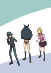  1boy 2girls absurdres ahoge akamatsu_kaede black_hair blonde_hair breasts clothes_lift danganronpa_(series) danganronpa_v3:_killing_harmony hair_ornament highres jacket large_breasts long_hair long_sleeves multiple_girls musical_note musical_note_hair_ornament open_mouth pleated_skirt saihara_shuichi school_uniform shirogane_tsumugi shirt short_hair skirt skirt_lift sweater_vest white_shirt youko-shima 