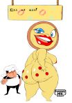  2023 animate_inanimate anthro back_dimples big_butt bodily_fluids breasts butt duo english_text eyeshadow female food food_creature hi_res human kiss_mark lipstick makeup male mammal mature_female nipples peppino_spaghetti pizza_granny pizza_tower sweat text timoteihiv 