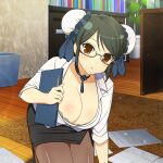  1girl bent_over binder black_hair breasts bun_cover choker cleavage desk double_bun drawer glasses hair_bun highres holding holding_paper large_breasts looking_at_viewer meimei_(senran_kagura) office office_lady official_art open_clothes open_mouth open_shirt orange_eyes pantyhose paper papers pencil_skirt picking_up plant potted_plant rug senran_kagura senran_kagura_new_wave shiny_skin skirt solo tassel trash_can wooden_floor yaegashi_nan 