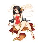  1girl anklet armlet bare_shoulders black_hair bracelet floral_print full_body hair_ornament honkai_(series) honkai_impact_3rd ice_cream_cone jewelry jixuanyuan long_hair official_art one-piece_swimsuit orange_eyes red_one-piece_swimsuit sandals swimsuit thighlet third-party_source 