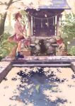  1girl absurdres animal_ears bamboo_broom boots broom cherry_blossoms cross-laced_footwear highres holding holding_broom inoue_haruka_(haruharu210) japanese_clothes koi miko original pond short_hair shrine tail 