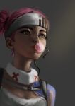  1girl absurdres apex_legends arm_tattoo brown_eyes cable chewing_gum chinese_commentary cleavage_cutout clothing_cutout dark-skinned_female dark_skin double_bun earpiece grey_background grey_tank_top hair_behind_ear hair_bun headband highres lifeline_(apex_legends) mask mask_around_neck portrait realistic red_hair red_lips solo tank_top tattoo vido_(790807927) white_headband 