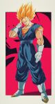  1boy baggy_pants biceps black_background blonde_hair blue_pants blue_sash boots border bure_(fantasticyouth7) closed_mouth commentary_request dougi dragon_ball dragon_ball_z earrings full_body gloves green_eyes hand_up head_tilt highres jewelry looking_at_viewer male_focus muscular muscular_male orange_shirt outside_border pants pectorals potara_earrings red_background sash shirt short_sleeves simple_background smile smirk solo spiked_hair standing super_saiyan super_saiyan_1 v-shaped_eyebrows vegetto white_border white_footwear white_gloves 