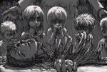  1girl 6+boys aged_down armin_arlert blood blood_on_hands cannibalism character_request check_character corpse death eating eren_yeager exposed_bone falco_grice filame_(filamen0112) fritz_(shingeki_no_kyojin) greyscale guro hands_up highres levi_(shingeki_no_kyojin) long_hair mikasa_ackerman monochrome multiple_boys official_style open_mouth ribs scene_reference severed_hand shingeki_no_kyojin skeleton smile spoilers symbolism turn_pale upper_body 