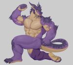  abs absurd_res adios anthro athletic biceps blue_eyes claws covering covering_crotch dragon feet flexing flexing_bicep flexing_biceps flexing_muscles glowing_sclera grey_background hi_res horn kneeling looking_aside male muscular muscular_anthro muscular_legs muscular_male nude pecs pose purple_body purple_scales scales scalie serratus sharp_claws simple_background solo spiked_body spikes spikes_(anatomy) tail tan_body tan_skin underfoot vein veiny_muscles 