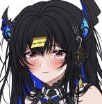  1girl asymmetrical_horns black_bow black_bowtie black_hair blue_bow blue_bowtie blue_hair blush bow bowtie broken_horn close-up colored_inner_hair demon_horns eeveestrations hair_ornament hololive hololive_english horns long_hair looking_at_viewer mole mole_under_eye multicolored_hair nerissa_ravencroft red_eyes smile solo sticky_note two-tone_bowtie virtual_youtuber 