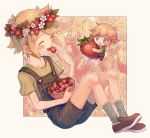  1boy basil_(omori) basket blonde_hair blue_eyes blue_overalls blush brown_footwear closed_eyes collarbone eating flower food fruit green_shirt green_socks head_wreath highres holding holding_basket holding_food hyaku_(momongamomomo) omori open_mouth overall_shorts overalls shirt short_sleeves smile socks strawberry teeth upper_teeth_only white_socks 