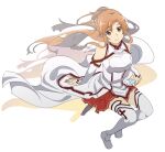  1girl armor asuna_(sao) bare_shoulders breastplate hirayama_kanna holding holding_sword holding_weapon long_hair long_sleeves looking_at_viewer orange_eyes orange_hair red_skirt shoes simple_background sitting skirt smile sword sword_art_online thighhighs thighs weapon white_background 