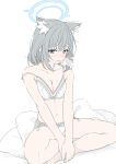  1girl absurdres animal_ear_fluff animal_ears barefoot blue_archive blue_eyes blush bra breasts bright_pupils cleavage commentary cross_hair_ornament grey_hair hair_ornament highres indian_style looking_at_viewer masabodo medium_breasts mismatched_pupils panties shiroko_(blue_archive) short_hair simple_background sitting solo symbol-only_commentary thighs underwear underwear_only white_background white_bra white_panties white_pupils 