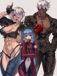  1boy abs angel_(kof) backless_pants belt blue_eyes blue_hair bra breasts chaps cleavage crop_top cropped_jacket cross cross_necklace dark_skin fingerless_gloves gloves hair_over_one_eye highres horns_pose index_fingers_raised jacket jewelry k&#039;_(kof) kula_diamond large_breasts leather leather_jacket leather_pants long_hair looking_at_viewer midriff muscular muscular_female navel necklace panties pants red_eyes red_gloves short_hair simple_background snk standing strapless strapless_bra syachiiro the_king_of_fighters the_king_of_fighters_xiv toned underwear white_hair yellow_gloves 
