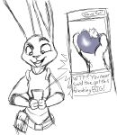  anthro blueberry_(fruit) canid canine cellphone dialogue disney duo ears_up eyebrows female food fox fruit hi_res judy_hopps lagomorph leporid male mammal nick_wilde phone plant rabbit raised_eyebrow spoof_(artist) text translated zootopia 