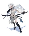  18_kawaki 1girl alpha_(punishing:_gray_raven) bandaged_chest black_footwear black_gloves boots full_body gloves grey_eyes grey_hair heterochromia highres holding holding_sword holding_weapon jewelry long_hair lucia:_crimson_weave_(punishing:_gray_raven) mechanical_arms necklace punishing:_gray_raven red_eyes sheath sheathed single_mechanical_arm sword very_long_hair weapon white_background 