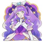  1girl artist_name blue_eyes butterfly_brooch cure_majesty elbow_gloves ellee-chan gloves hair_ornament hair_wings hayashi_(kanzume) head_tilt heart heart_hair_ornament hirogaru_sky!_precure looking_at_viewer parted_lips precure purple_hair sidelocks solo sparkle upper_body white_gloves 