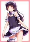  1girl apron bare_shoulders black_hair blush bow covered_navel detached_collar flat_chest frilled_garter frills from_below gokou_ruri highres hime_cut long_hair looking_at_viewer maid_headdress mole mole_under_eye one-piece_swimsuit ore_no_imouto_ga_konna_ni_kawaii_wake_ga_nai red_eyes ribbon school_swimsuit simple_background skirt_hold solo swimsuit takatsuki_akira wavy_mouth white_apron 