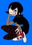  1girl black_hair black_nails black_shirt blue_background blue_eyes casual hair_between_eyes head_rest henriiku_(ahemaru) highres hotel_transylvania mavis_dracula pantyhose shirt shoes short_hair simple_background smile solo striped striped_pantyhose 