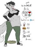 anthro big_breasts bra breasts canid canine canis clothing duo female food_container fur green_eyes grey_body grey_fur hair hand_on_hip hi_res loleczeq male male/female mammal multiple_prey shirt_removed simple_background standing sweatpants tail underwear vore white_background wolf 