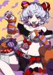  1girl adapted_costume bat_(animal) belt black_bow bow candy collarbone commentary_request food gradient_background grey_hair halloween_costume highres looking_at_viewer navel oyatu_yatu pointy_ears red_bow red_eyes sharp_teeth short_hair solo striped_sleeves teeth touhou toutetsu_yuuma 