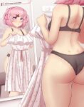  1girl absurdres ass bare_shoulders black_bra black_panties blush bra commentary cowboy_shot dimples_of_venus doki_doki_literature_club dress dress_removed english_commentary from_behind hair_ornament hair_ribbon hairclip highres holding holding_clothes holding_dress indoors mirror mixed-language_commentary natsuki_(doki_doki_literature_club) panties pink_eyes pink_hair raion_(raionart) ribbon shiny_skin short_hair solo two_side_up underwear underwear_only white_dress 
