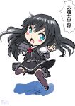  1girl adapted_turret asashio_(kancolle) black_hair black_thighhighs blue_eyes blush_stickers cannon chibi commentary_request dress fuji_(pixiv24804665) highres kantai_collection long_hair long_sleeves machinery neck_ribbon one-hour_drawing_challenge pinafore_dress pointing red_ribbon ribbon shirt sleeveless sleeveless_dress solo thighhighs torpedo_launcher translation_request turret white_background white_shirt 