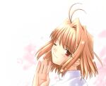  1girl ahoge antenna_hair arcueid_brunestud blonde_hair blush close-up closed_mouth hair_intakes hand_up looking_at_viewer non-web_source one_eye_closed petals red_eyes short_hair smile solo takeuchi_takashi tsukihime turtleneck 