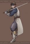  1boy absurdres blue_headband boots brown_background brown_eyes denim_powell full_body gauntlets headband highres holding holding_sword holding_weapon long_sleeves looking_at_viewer male_focus simple_background solo standing sword tactics_ogre weapon windcaller 