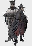  1boy 1girl bandaged_head bandages beard black_headwear black_pants bloodborne boots character_request check_character cloak coat denny626 eileen_the_crow facial_hair feather-trimmed_coat frown gloves grey_hair hat henryk highres holding holding_weapon long_coat mask pants plague_doctor_mask shoes short_hair simple_background standing sword tricorne weapon white_background 
