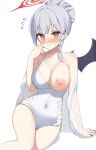  1girl @_@ blue_archive blush braid breasts cleavage commentary_request covered_navel demon_wings flying_sweatdrops grey_hair hair_bun halo hand_on_own_face haruna_(blue_archive) haruna_(swimsuit)_(blue_archive) highres looking_at_viewer medium_breasts nipples official_alternate_costume one-piece_swimsuit one_breast_out red_eyes red_nails sasai_nakoto single_braid single_hair_bun smile solo swimsuit white_one-piece_swimsuit wings 