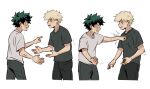  2boys bakugou_katsuki blonde_hair blush boku_no_hero_academia clenched_hand commentary cropped_legs crying crying_with_eyes_open daniartonline english_commentary freckles green_hair highres looking_at_another male_focus midoriya_izuku multiple_boys open_mouth pants pointing pointing_at_another punching scar scar_on_hand shirt short_hair short_sleeves simple_background spiked_hair standing t-shirt tears white_background 