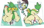  anthro anthro_on_anthro balls big_balls big_butt big_penis biped butt canid canine countershade_face countershade_tail countershading duo erection generation_5_pokemon generation_7_pokemon genitals glans green_body hi_res huge_balls huge_penis humanoid_genitalia humanoid_penis hyper hyper_balls hyper_genitalia hyper_penis interspecies lycanroc male male/male mammal musk_clouds musk_fetish nintendo penis pokemon pokemon_(species) rear_view scalie size_difference smile snivy supermattym8 tail 