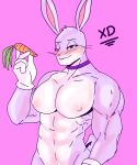  5_fingers anthro biceps big_ears blush bugs_bunny carrot clothing fingers food gloves grey_body handwear hi_res lagomorph leporid looney_tunes male mammal muscular muscular_male neckwear pink_background plant rabbit renita_reed simple_background solo tail triceps vegetable warner_brothers whiskers xd 