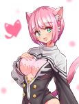  1girl animal_ears black_shirt blouse bob_cut breasts cat_ears cat_girl cat_tail cleavage commentary cougar_(cougar1404) cut_cat green_eyes hand_on_own_chest heart large_breasts long_sleeves looking_at_viewer no_headwear open_mouth pfirsia_(cut_cat) pink_hair shirt short_hair smile solo standing tail white_background wide_sleeves 