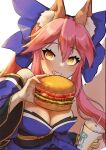  1girl animal_ear_fluff animal_ears bare_shoulders blue_bow blue_kimono blush bow breasts burger cleavage commentary cup detached_sleeves disposable_cup drinking_straw english_commentary eyelashes fang fast_food fate/extra fate_(series) film_grain food fox_ears fox_girl fox_tail genokong grin hair_bow highres holding holding_cup holding_food japanese_clothes kimono large_breasts long_hair long_sleeves looking_at_viewer making-of_available obi pink_hair sash shadow sidelocks smile solo split_ponytail tail tamamo_(fate) tamamo_no_mae_(fate/extra) upper_body wide_sleeves yellow_eyes 