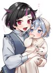  2boys :d ahoge black_hair black_nails blue_eyes blush bonnet brown_pants carrying child_carry dress fang frilled_bonnet grey_hair hair_between_eyes hair_horns high_collar holding_finger lilia_vanrouge long_sleeves looking_at_another looking_at_viewer male_focus multicolored_eyes multicolored_hair multiple_boys open_mouth pants pink_eyes pink_hair purple_eyes saliva shirt short_hair silver_(twisted_wonderland) simple_background slit_pupils smile streaked_hair tobidayooon twisted_wonderland upper_body white_background white_dress white_headwear white_shirt 