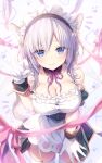  1girl animal_ears blue_eyes breasts dress gloves hair_between_eyes highres himeji_shirayuki large_breasts liar_liar light_blush looking_at_viewer maid maid_headdress official_art solo tail white_gloves white_hair 