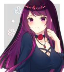  1girl blush breasts choker cleavage cleavage_cutout closed_mouth clothing_cutout fire_emblem fire_emblem_engage flower gem ivy_(fire_emblem) jewelry long_hair looking_at_viewer mole mole_under_mouth necklace nekoyasiki_luna official_alternate_costume purple_eyes purple_hair rose solo veil 
