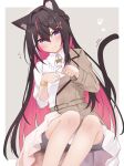  1girl absurdres animal_ears azki_(hololive) black_hair blazer blush bracelet cat_ears cat_girl cat_tail collared_shirt colored_inner_hair dress hair_between_eyes hair_ornament hairclip highres hololive jacket jewelry micon multicolored_hair paw_pose pink_hair purple_eyes shirt sitting smile solo streaked_hair tail virtual_youtuber white_hair 