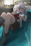  1girl ahoge bed black_socks book brown_shorts desk_lamp drawer elf highres holding holding_book indoors lamp medium_hair mushoku_tensei on_bed open_mouth pillow pointy_ears red_eyes shirt shorts sleeveless socks solo sureddo-mannan sylphiette_(mushoku_tensei) white_hair white_shirt 