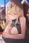  1girl alcohol bare_shoulders blonde_hair blush breasts chair champagne champagne_flute cleavage closed_mouth commentary_request cup drinking_glass earrings hair_between_eyes hair_intakes head_rest headpiece highres indoors jewelry large_breasts long_hair looking_at_viewer mia_cbx mythra_(xenoblade) sitting solo swept_bangs table tiara upper_body xenoblade_chronicles_(series) xenoblade_chronicles_2 yellow_eyes 