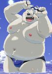  2023 anthro bear belly big_belly blue_eyes blush bulge clothing cloud detailed_background hi_res humanoid_hands kemono male mammal maron2475 moobs navel nipples one_eye_closed overweight overweight_male polar_bear solo swimwear ursine water white_body wink 