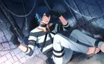  1boy barefoot black_gloves black_hair brick_wall chain chained cuffs gloves gray_reverse hair_between_eyes handcuffs happy_elements helios_rising_heroes highres male_focus official_art orange_eyes pants prison_clothes solo third-party_source toenails toes white_pants 