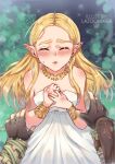  1girl 1other artist_name bare_shoulders black_gloves blonde_hair blush bracelet closed_eyes dress fingerless_gloves gloves highres imminent_kiss jewelry lazoomaiga link long_hair necklace pointy_ears pov princess_zelda puckered_lips solo_focus the_legend_of_zelda the_legend_of_zelda:_breath_of_the_wild watermark white_dress 